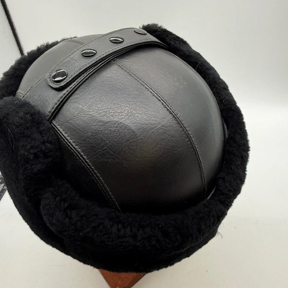 Wolverine Black Leather Trapper Hat Faux Fur Ear Flaps Water Repellent large